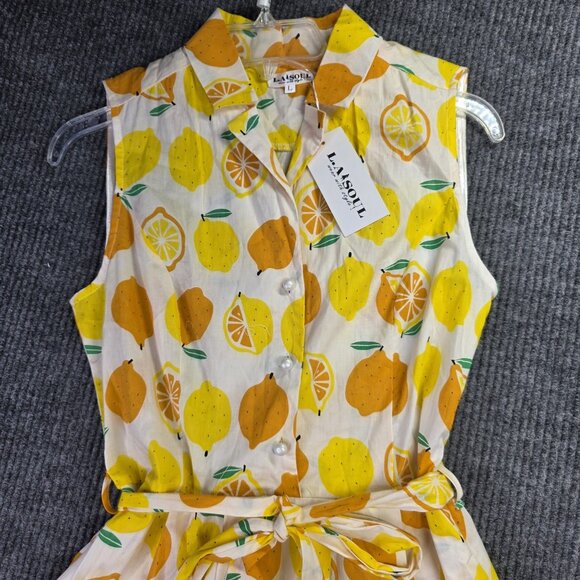 La Soul Dress Womens Large Lemon Print Belted Sleeveless Pockets Summer Casual - Picture 3 of 16